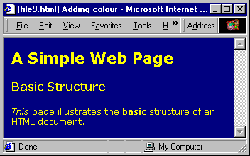 A simple web page with a dark blue background and yellow text