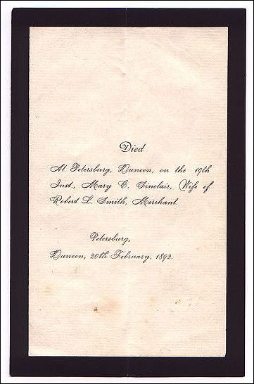 Black bordered notepaper with a printed notification of Mary C Sinclair's death. 