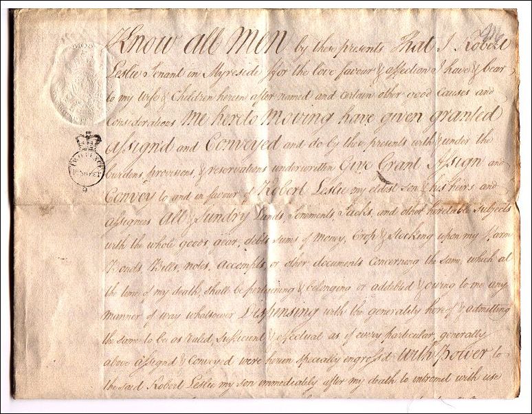 Scanned image of the first part of Robert Leslie's will.