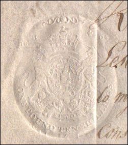 Detail of Robert Leslie's will, showing the embossed seal on the first page.  The seal consists of the royal coat of arms, with the words 'ONE POUND TEN SHILLINGS' below.