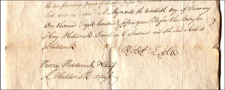 Scanned image of the end of Robert Leslie's will, showing the signatures.
