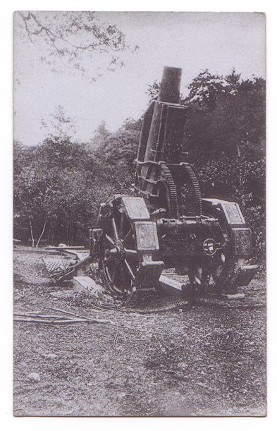 German 21cm heavy mortar in upright position, in a clearing in a wood.