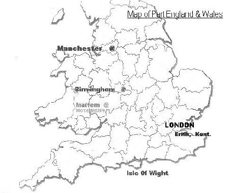 Map locating London, Erith, Birmingham, Manchester, Malvern amd the Isle of Wight.