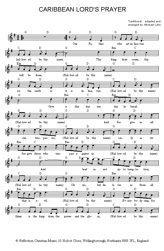 (Page One of 'Caribbean Lord's Prayer' sheet music in *.gif format)