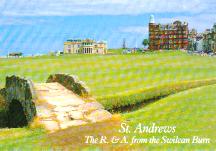 A memorable view of the club house in St. Andrews overlooking the Swilcan Burn