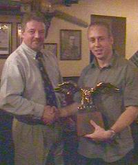 Gary Marshall presents Duncan French with the Eagle Trophy as "Players' Player of the Year", voted for on the night by the players.