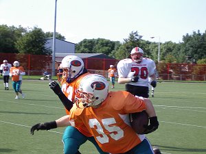 John Harrison on the screen with blocking by Ben 'Slinky' Johnson