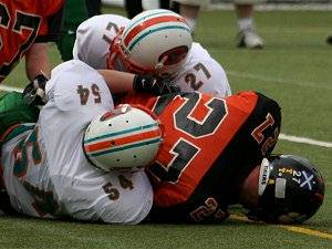 Sean Foster and Craig Summerfield make the tackle